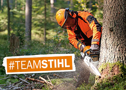 Team Stihl: Mann arbeitet im Wald mit einer Kettensäge der Marke Stihl und trägt dabei eine Schutzkleidung