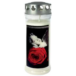 1223793 - Gedenk-Kerze groß "Rose/Engel" Silberdeckel DM 7,5cm H 21,5cm